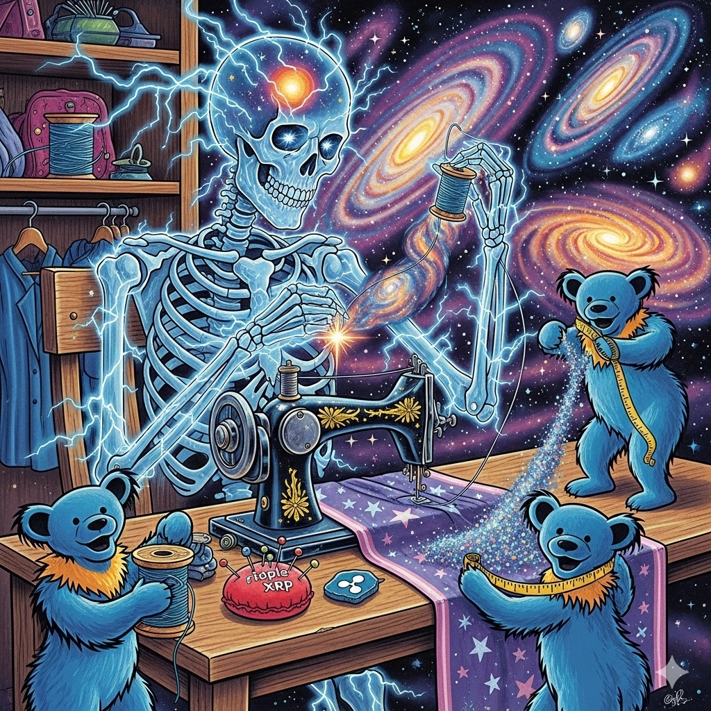 Cosmic Fisherman's Meditation - Meditative skeleton in ornate robes sitting on floating island, fishing in cosmic ocean filled with stars, lily pads, and fiery comets